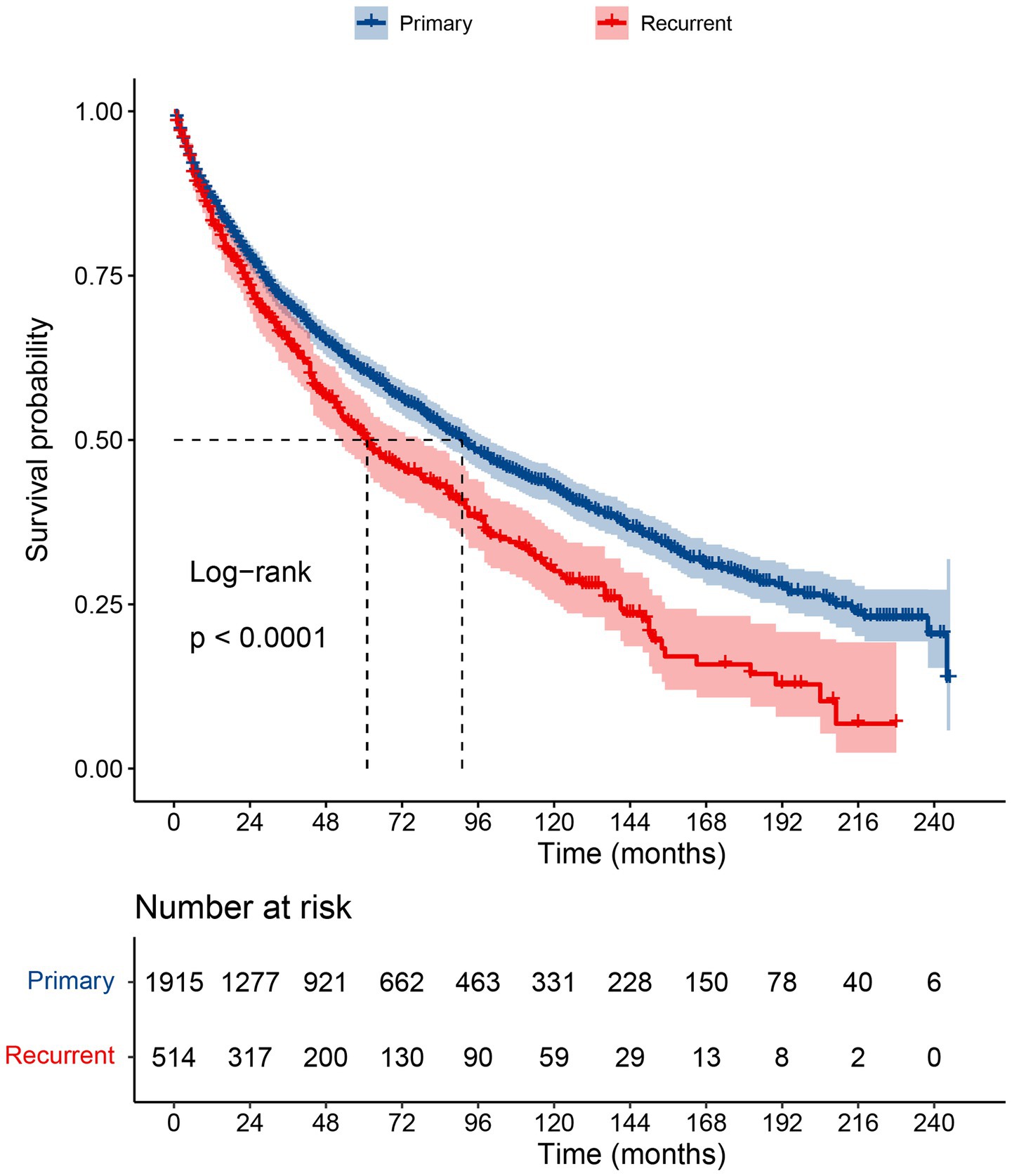 Kaplan-Meier survival curves comparing survival probabilities between primary (blue) and recurrent (red) groups over 240 months. The primary group shows higher survival probabilities. A log-rank test indicates a significant difference (p < 0.0001). Below the curves, a table lists the number at risk for each time interval.