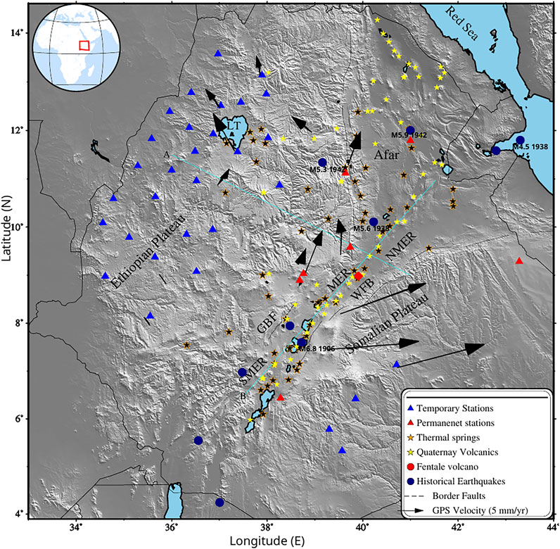 Map of the Ethiopian Plateau and surrounding regions, showing geological and seismic features. Symbols indicate temporary and permanent stations, thermal springs, Quaternary volcanics, and locations of historical earthquakes. GPS velocity arrows and border faults are marked. The map includes notable features like the Afar, MER, and NMER regions, with key earthquake magnitudes indicated by colored dots. The Red Sea is visible to the northeast. A small inset map shows the area’s location in Africa.