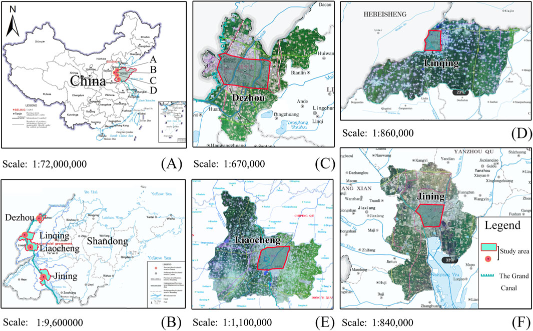 Map series showing China's location and regions Dezhou, Linqing, Liaocheng, and Jining in Shandong Province. The maps highlight study areas and the Grand Canal. Scales vary, and color-coded legends are included.