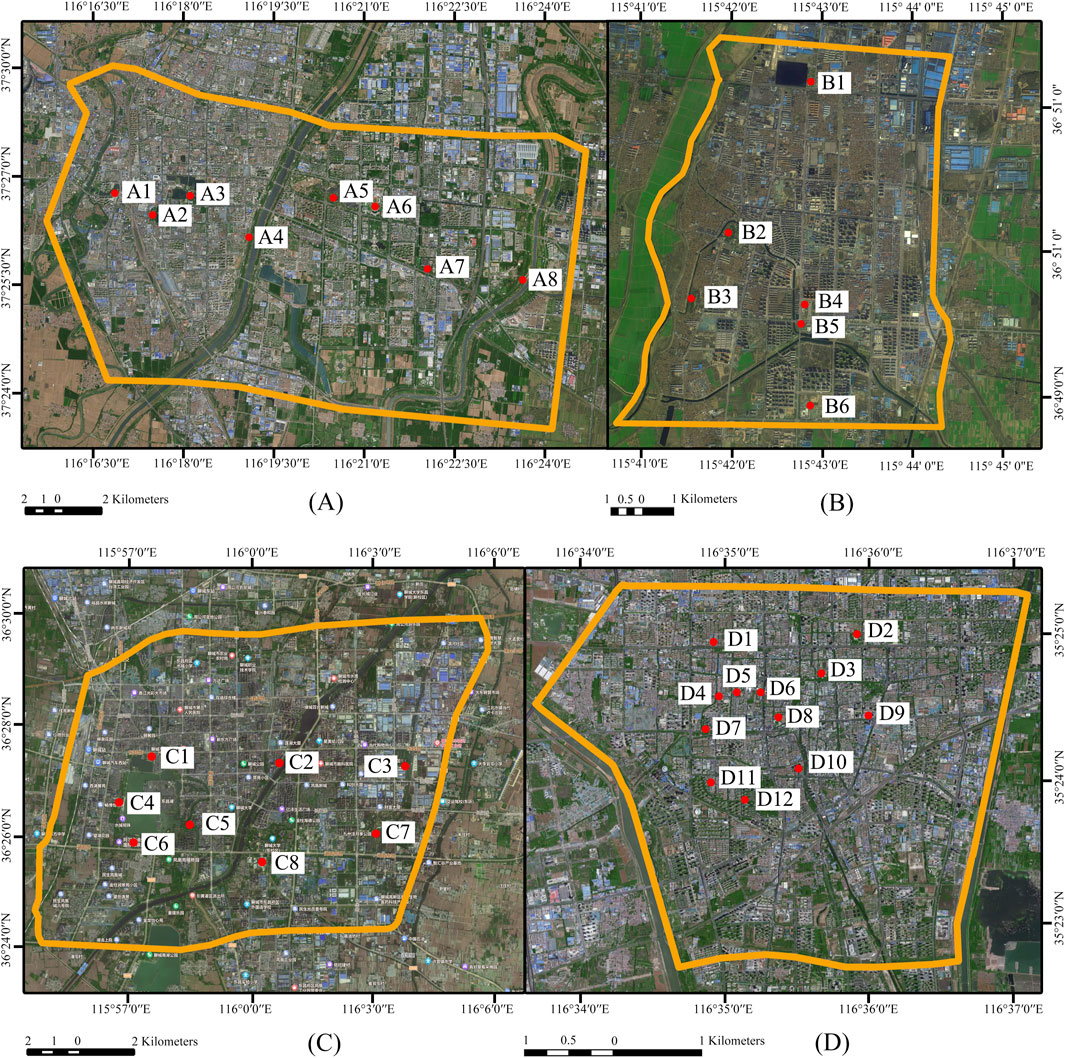 Four satellite images labeled A, B, C, and D, depict distinct urban regions with an overlay of yellow borders. Each section includes locations marked with red dots and alphanumeric labels: A1-A8, B1-B6, C1-C8, and D1-D12. The images feature grids indicating geographical coordinates and scales ranging from one to two kilometers.