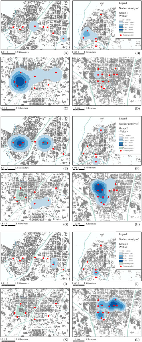 Twelve maps show nuclear density distributions for different groups in a city area with km scales. Each map has red sample points, blue water systems, and varying shaded densities labeled from 0.00038 to 0.019. Panels (A) to (L) depict different spatial distributions and density clusters, highlighting areas with higher concentrations of sample points amidst the city's layout.