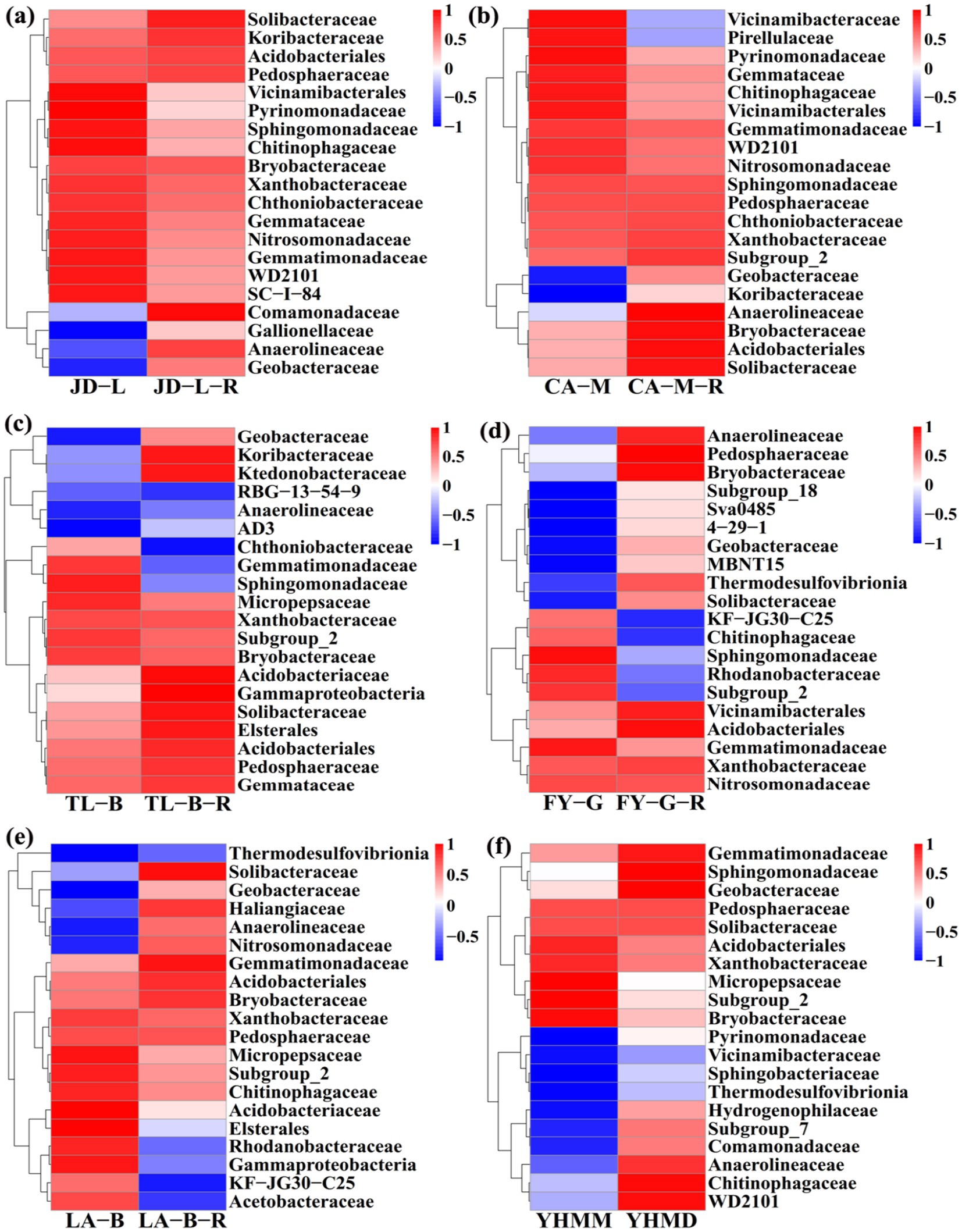 Heatmap grids (a-f) display the abundance of bacterial families across different samples, with color gradient from blue to red indicating abundance values from -1 to 1. Each grid shows a dendrogram of related bacteria families on one axis and sample identifiers on the other.