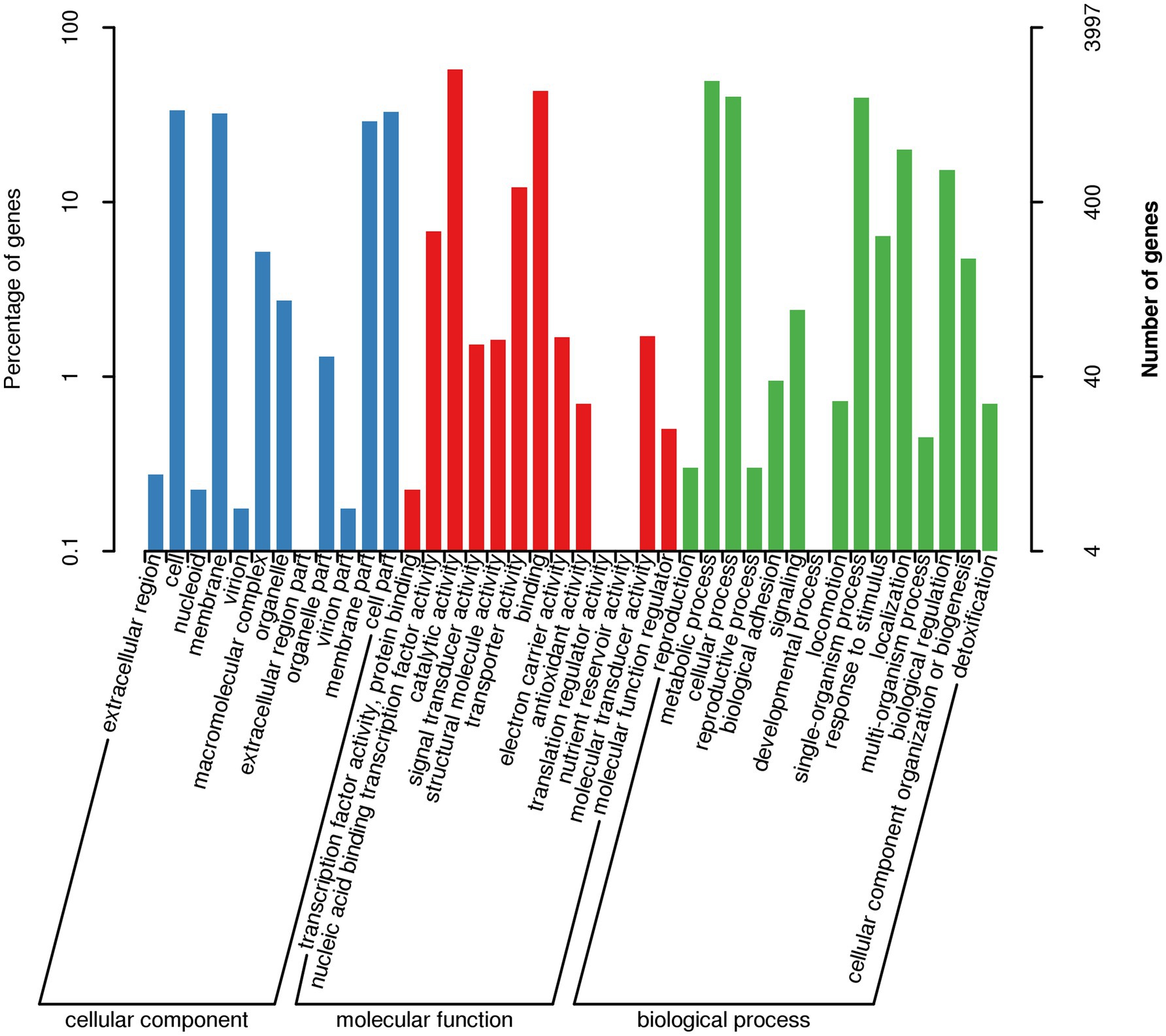 Bar graph displaying gene ontology categories with percentage of genes on the left Y-axis and number of genes on the right Y-axis. X-axis categories include cellular component (blue), molecular function (red), and biological process (green). Each category shows varying bar heights, indicating different gene counts and percentages across functions like extracellular region, transcription factor activity, and cellular process.