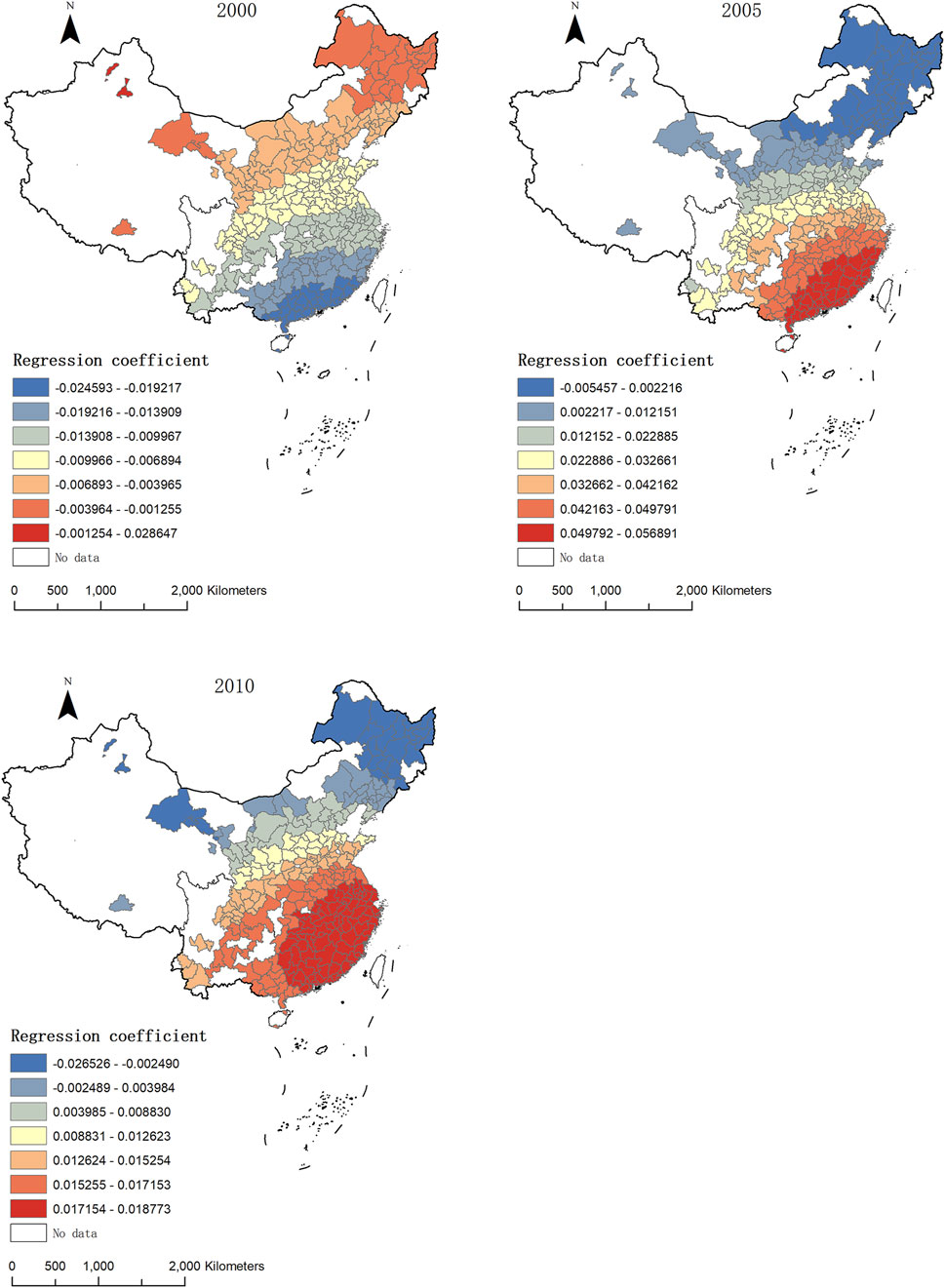 Three maps depict regression coefficient distributions across China for the years 2000, 2005, and 2010. Each map is color-coded, with blue indicating lower and red higher coefficients. The maps show increasing trends of higher coefficients in southern regions over the years. A legend provides the coefficient ranges associated with each color.