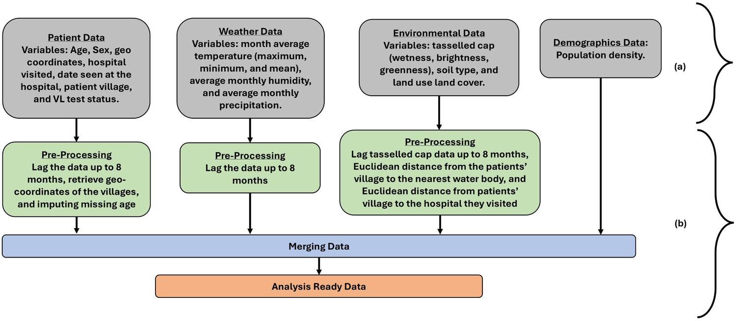 Flowchart depicting data processing stages for creating analysis-ready data. It includes four raw data components, namely, patient, weather, environmental, and demographics. They were taken through different pre-processing steps such as lagging data and imputing missing values. The clean and merged data lead to analysis-ready dataset.