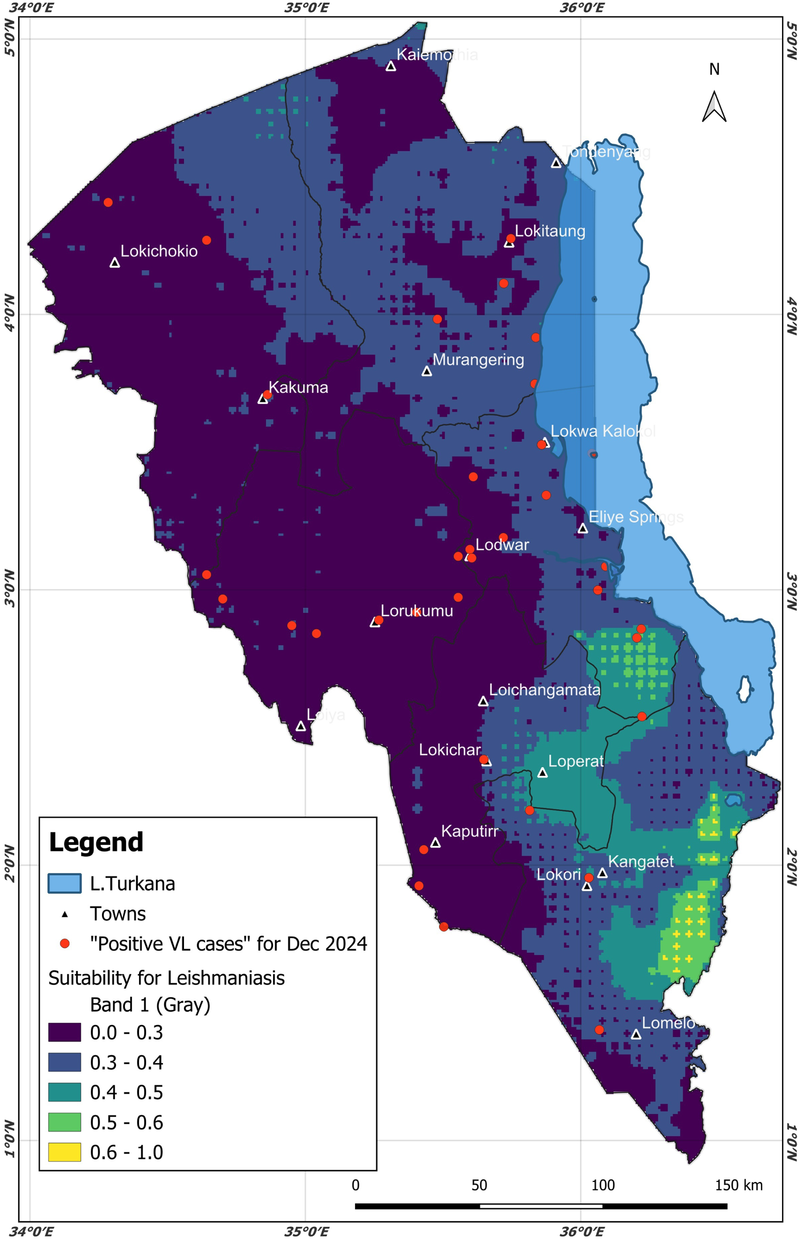 A map showing the suitability for visceral leishmaniasis in Turkana County (Kenya) for December 2024.