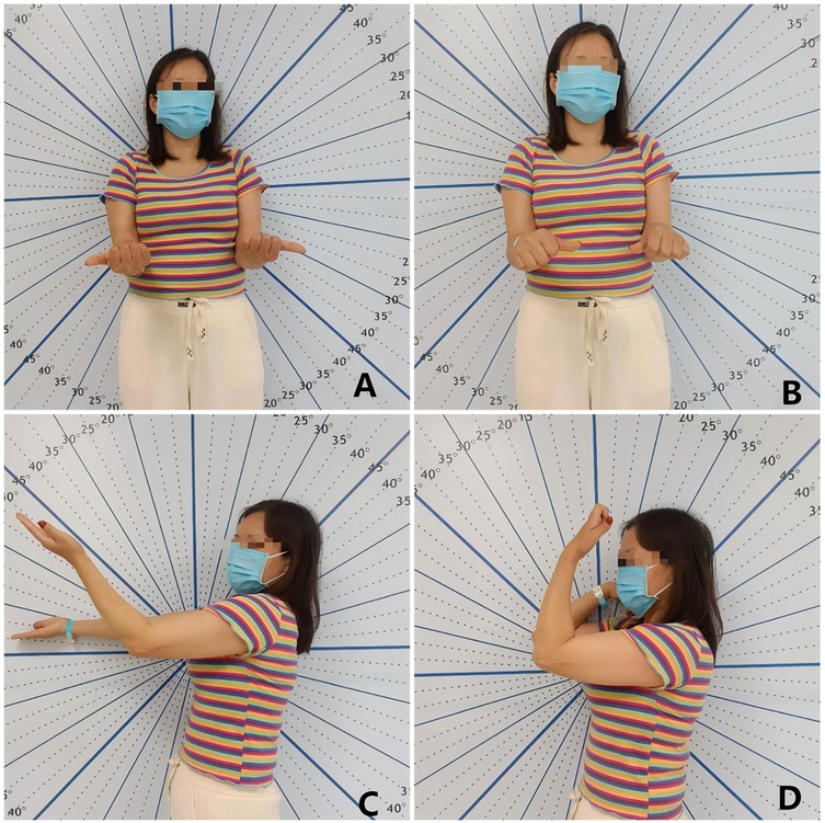 A series of four images labeled A to D shows a person in front of a wall marked with angular degrees, demonstrating different arm positions. The person wears a striped shirt and a mask. In image A, arms are extended with palms up. In image B, hands are clenched into fists. Image C shows the person in a side profile with arms extended horizontally. In image D, the person raises both arms above their head with elbows bent.