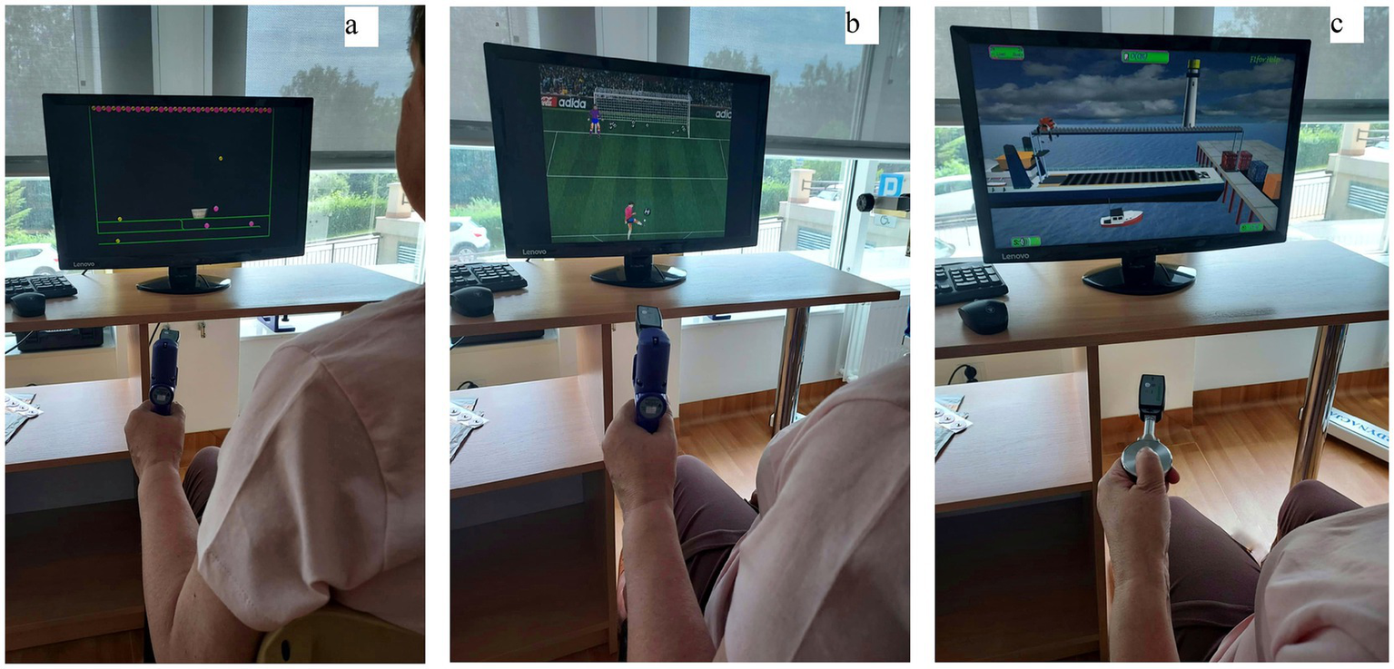 A person sitting at a desk interacts with three different video games using a handheld device. Panel (a) shows a game with simple graphics involving lines and circles. Panel (b) depicts a soccer video game, featuring a player on a field aiming at a goal. Panel (c) displays a maritime-themed game, possibly involving navigation. Each game is played on a separate monitor in a bright room with a window view.