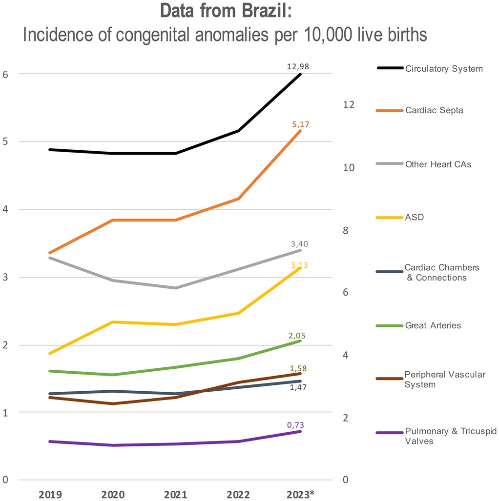 Line graph depicting the incidence of congenital anomalies per 10,000 live births in Brazil from 2019 to 2023. The circulatory system anomaly shows the highest increase, reaching 12.98 in 2023. Other categories include cardiac septa, other heart CAs, atrial septal defect (ASD), cardiac chambers and connections, great arteries, peripheral vascular system, and pulmonary and tricuspid valves. Each anomaly category is represented by a different color, with noticeable trends over the years.