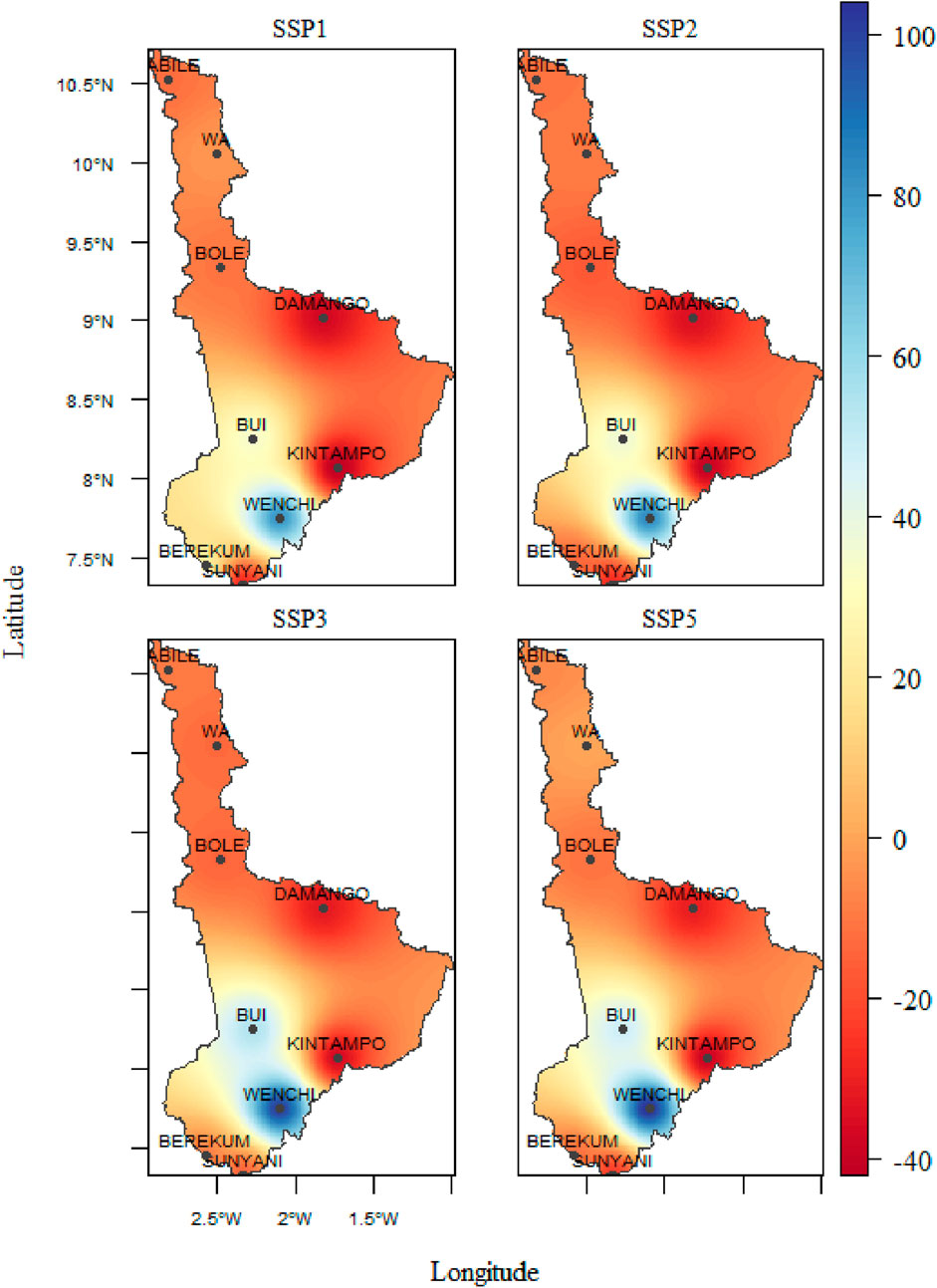 Four maps depict a region with varying color gradients for scenarios SSP1, SSP2, SSP3, and SSP5. Each shows a temperature scale from blue (cooler) to red (warmer). Key locations include Bole, Damango, Bui, Kintampo, Wenchi, Berekum, and Sunyani. Latitude and longitude lines are marked, with a color bar indicating values from negative forty to one hundred.