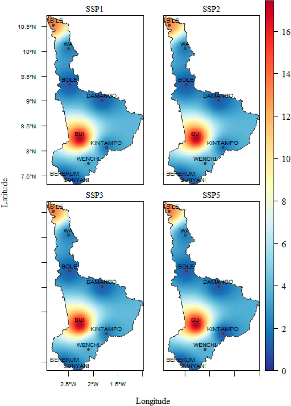 Four climate maps labeled SSP1, SSP2, SSP3, and SSP5 illustrate temperature projections in a specific region. Each map shows temperature variations with a color gradient ranging from blue (cooler) to red (warmer). Notable locations include Bui, Kintampo, and Sunyani. Warmer temperatures concentrate around Bui, indicated by red areas. The longitude and latitude are marked on the axes, providing geographical context. A color bar on the right shows temperature in degrees Celsius from zero to sixteen.