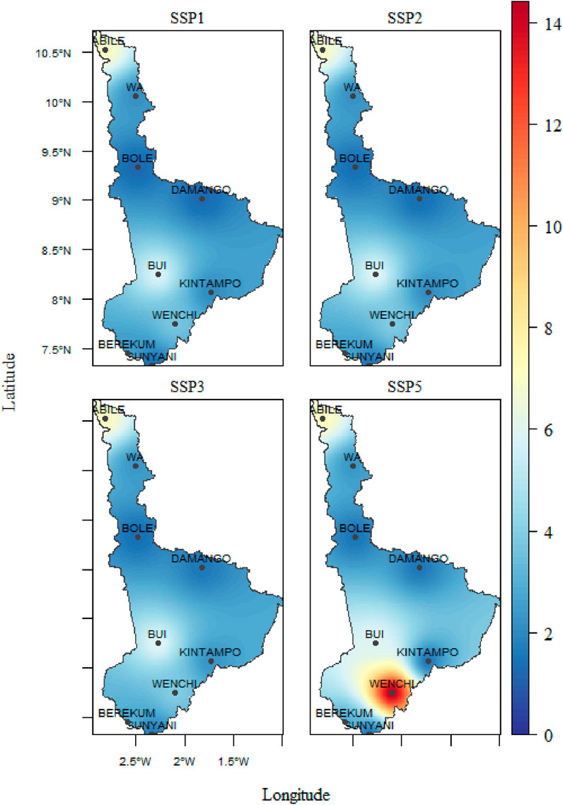 Maps depicting four different SSP scenarios (SSP1, SSP2, SSP3, SSP5) for a region with color gradients indicating values ranging from 0 to 14. Cities like Bole, Damongo, and Wa are marked. SSP5 shows a red area around Wenchi, indicating higher values. Latitude and longitude are labeled.