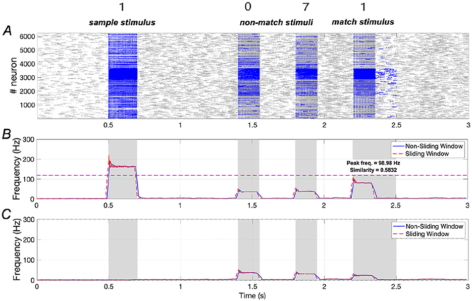 Graphical representation of neuronal activity with three panels labeled A, B, and C. Panel A shows a raster plot with spikes indicated in blue, representing neuron responses to stimuli labeled “sample”, “non-match”, and “match.” Panels B and C are frequency plots showing neuronal firing rates over time, with data lines for non-sliding and sliding windows. Shaded areas mark stimulus presentation periods, and annotations in Panel B mark the peak frequency and similarity score.