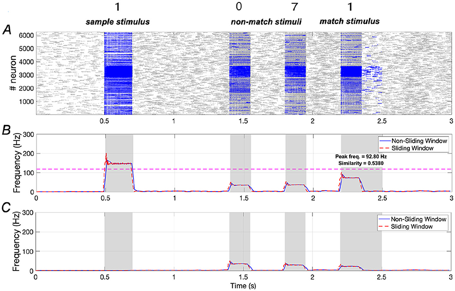 Graphical representation of neural activity. Panel A shows neural firing patterns for sample, non-match, and match stimuli. Panels B and C display frequency analysis over time, with distinct colored lines for non-sliding and sliding window methods. Key observations include peak frequencies and corresponding time in seconds, illustrating response differences between the stimulus types.