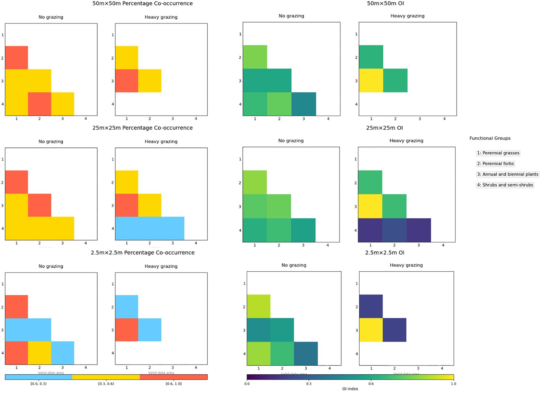 Graphical representations of percentage co-occurrence and OI index for functional groups under different grazing conditions at various plot sizes (50m x 50m, 25m x 25m, and 2.5m x 2.5m). Each chart contrasts “No grazing” and “Heavy grazing” effects, using different colors to denote functional groups: perennial grasses, perennial forbs, annual and biennial plants, and shrubs and semi-shrubs. Co-occurrence charts use a color gradient legend from red to blue, and OI index charts use hues from green to purple.