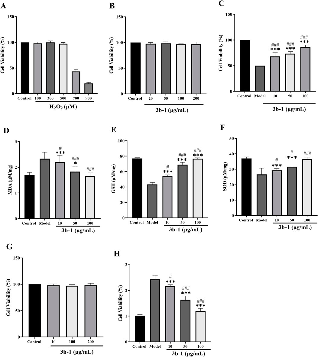 Bar graphs labeled A to H illustrate various experimental data. Graph A shows a decrease in cell viability with increasing H2O2 concentrations. Graphs B, G, and C to H show effects of different 3b-1 concentrations on cell viability, MDA, GSH, and SOD levels, with notable differences in control versus treatment groups. Statistical significance is marked with asterisks and hashtags for comparisons.