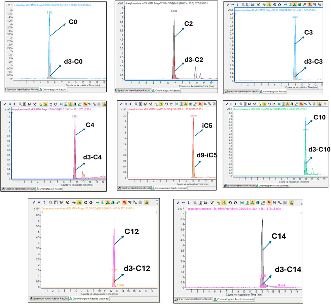 Seven chromatograms are displayed, each showing peaks labeled with annotations. Each chromatogram has a specific carnitine compound labeled, such as C0, C2, C3, C4, iC5, C10, C12, and C14, along with deuterated forms like d3-C0, d3-C2, d3-C3, d3-C4, d9-iC5, d3-C10, d3-C12, and d3-C14. The x-axis represents acquisition time in minutes, and the y-axis indicates counts. Peaks vary in height and are color-coded according to each compound. Each chromatogram also includes spectrum identification and chromatogram results for detailed comparison.