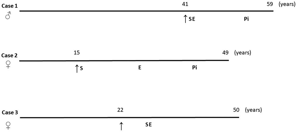 Three timelines labeled Case 1, Case 2, and Case 3 represent different scenarios. Case 1, with a male symbol, spans from age 41 to 59 with a marker at age 41 indicating SE and at 59 for Pi. Case 2, with a female symbol, spans from age 15 to 49 with markers at 15 for S, E midpoint, and 49 for Pi. Case 3, also with a female symbol, spans from age 22 to 50 with a marker at 22 indicating SE.