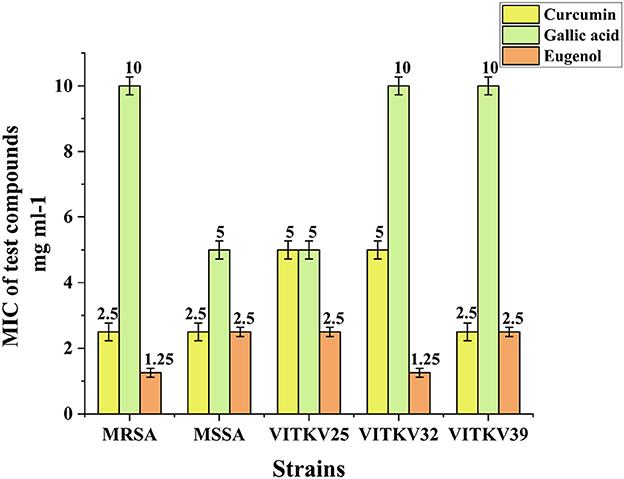 Bar chart showing the minimum inhibitory concentration (MIC) in milligrams per milliliter for test compounds against different strains. Curcumin has an MIC of 2,5 for MRSA, MSSA and VITKV39, 5 for VITKV25 and VITKV32. Gallic acid shows varying MICs: 10 for MRSA, VITKV32, and VITKV39, and 5 for VITKV25 and MSSA. Eugenol has an MIC of 1.25 for MRSA and VITKV32, and 2.5 for MSSA, VITKV25, and VITKV39.