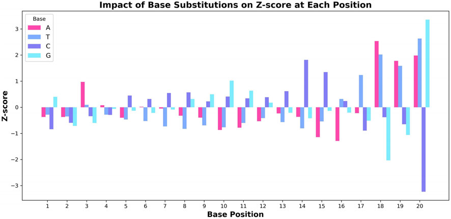 Bar chart showing the impact of base substitutions on Z-score at each position for base types A, T, C, and G. The X-axis represents base positions one to twenty, and the Y-axis shows Z-scores ranging from negative three to positive three. Each base is color-coded: pink for A, purple for T, blue for C, and light blue for G. Bars indicate varying effects of each substitution across positions.