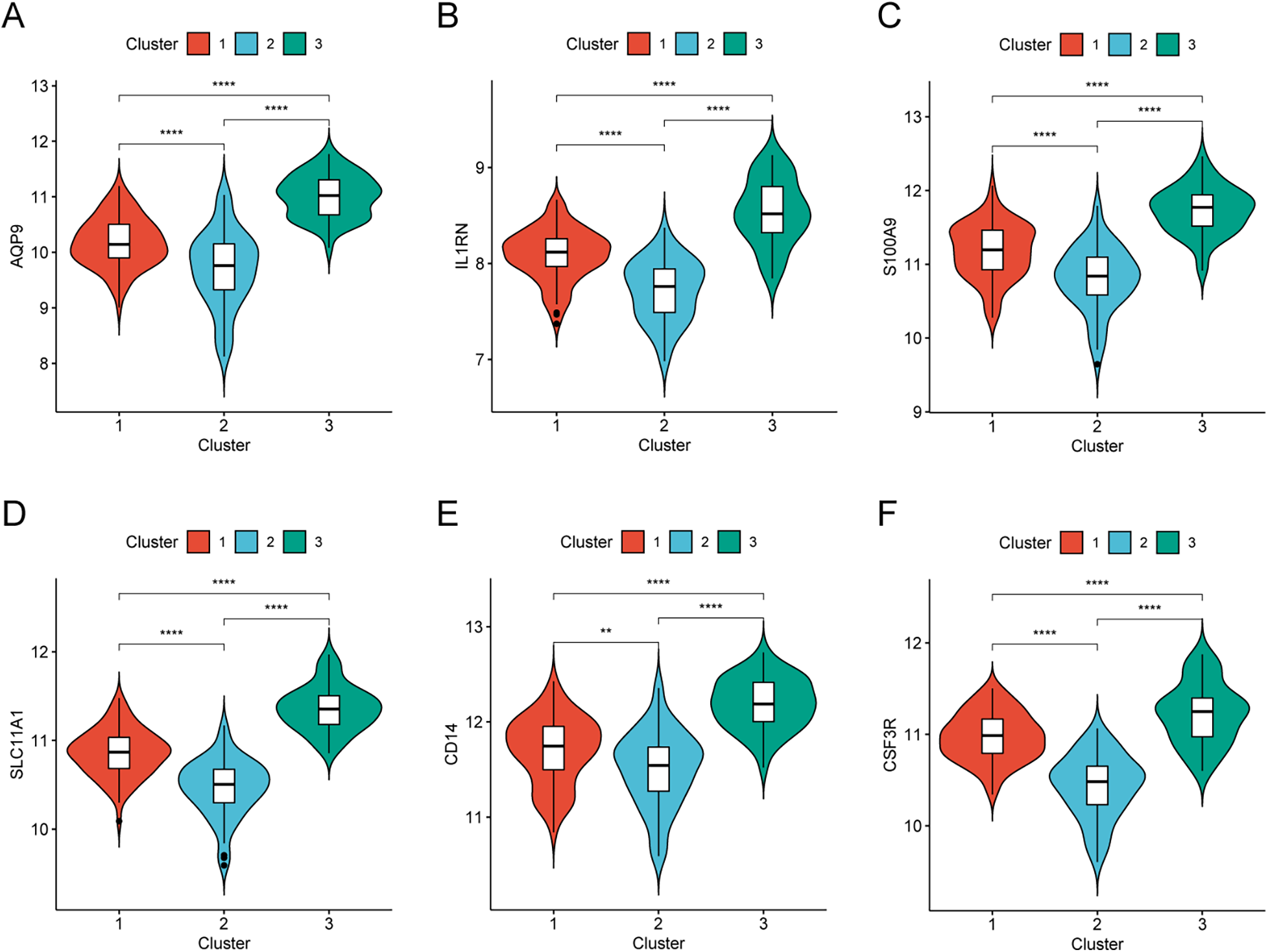 Six violin plots labeled A to F compare gene expression levels across three clusters, highlighted in red, blue, and green. Significant differences are indicated by asterisks. Plots depict expression of AQP9, IL1RN, S100A9, SLC11A1, CD14, and CSF3R, respectively, with visible distribution and median lines.