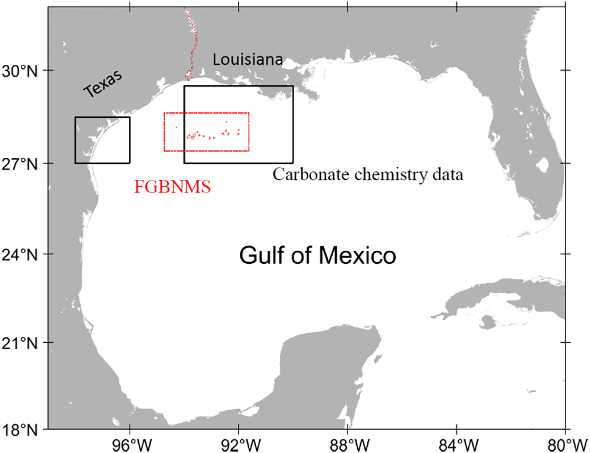 Map of the Gulf of Mexico showing Texas and Louisiana with overlay boxes. The “FGBNMS” area is marked in red near Texas, and “Carbonate chemistry data” is noted toward Louisiana.