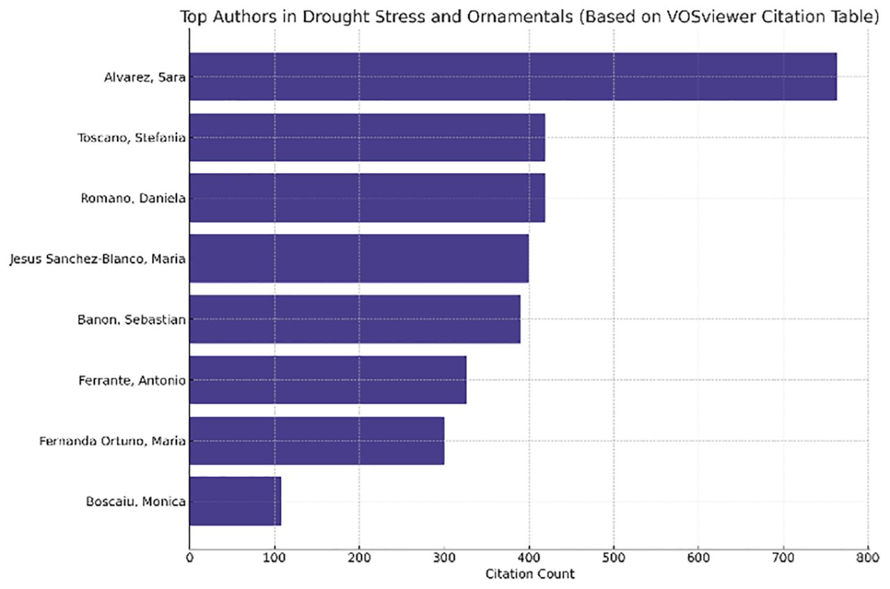 Bar chart titled “Top Authors in Drought Stress and Ornamentals.” It shows citation counts for authors: Alvarez, Sara has the highest with about 800 citations. Others include Toscano, Stefania; Romano, Daniela; Jesus Sanchez-Blanco, Maria; and more, with decreasing citation counts.