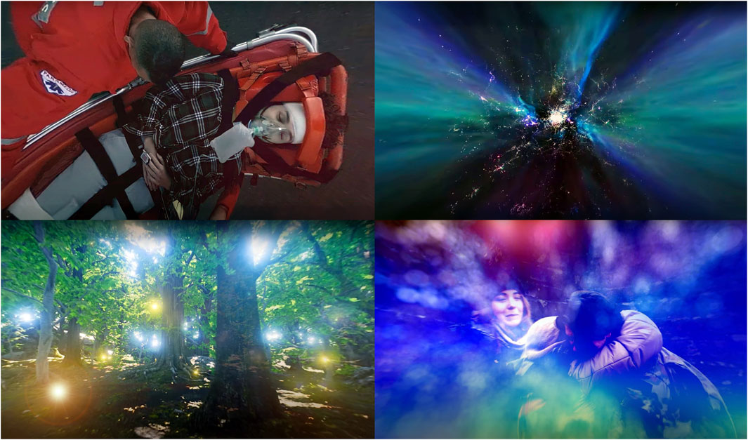 Top left: Out-of-Body Experience: A person on a stretcher with an oxygen mask, assisted by an emergency worker. Top right: Lights and Dark Tunnel: A vivid explosion of colors resembling a cosmic scene. Bottom left: Peaceful Landscape: A serene forest with sunlight filtering through trees, accented by glowing lights. Bottom right: Encountering Friends and Family: Three people embracing amid a colorful, swirling background.