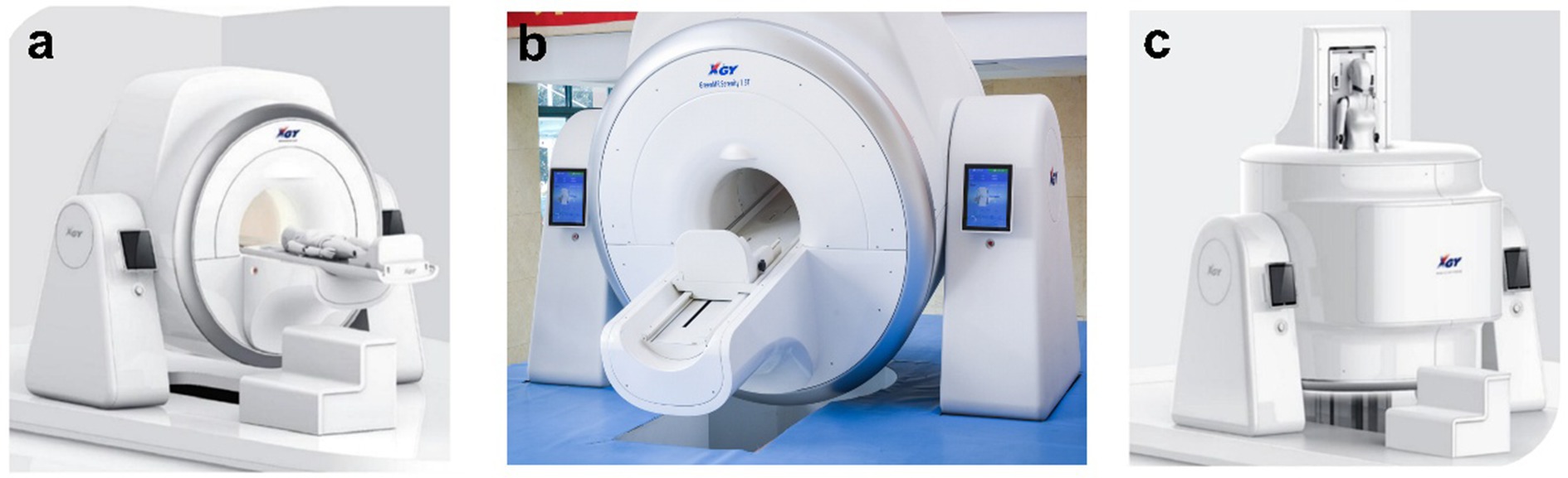 Three MRI machines are displayed in the image, labeled a, b, and c. Machine a shows a patient lying on a table entering a scanner. Machine b is similar but without a patient, featuring a circular opening and a touchscreen panel on the side. Machine c is a different model, showing a mannequin positioned vertically inside a scanner.