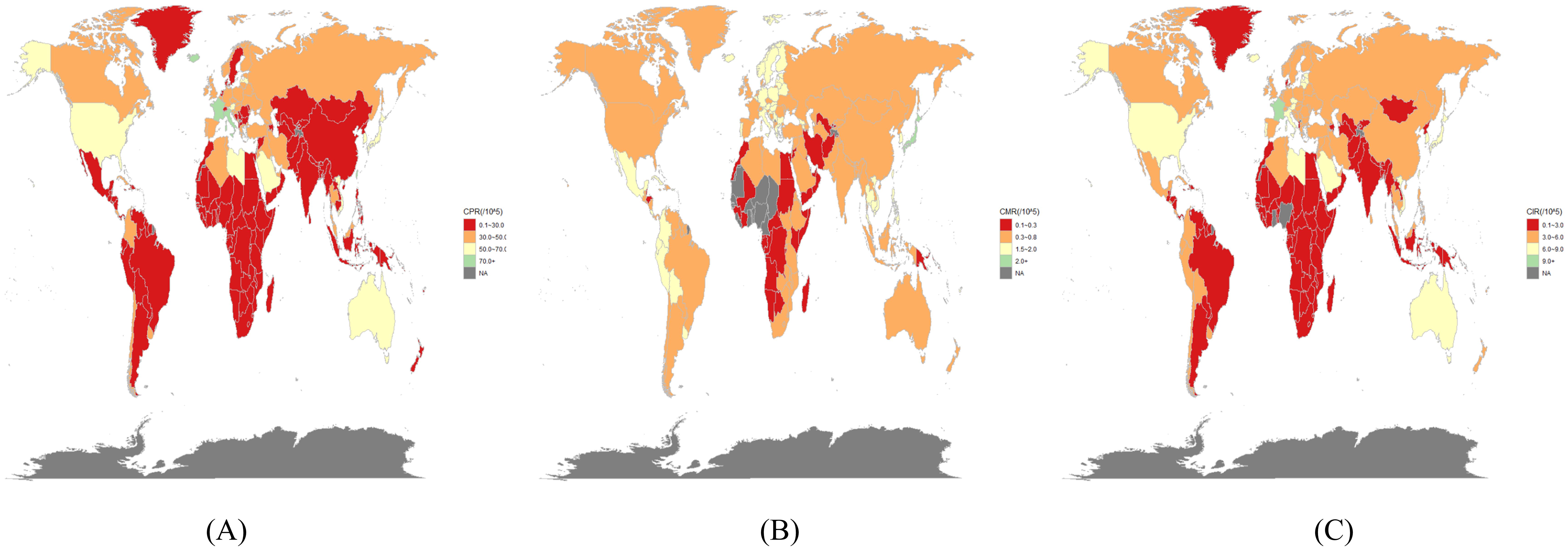 Three world maps labeled A, B, and C show global variations in CPR, CMR, and CIR per 100,000 people. Each map uses a color gradient from light yellow to dark red, indicating increasing rates. Gray marks data not available.