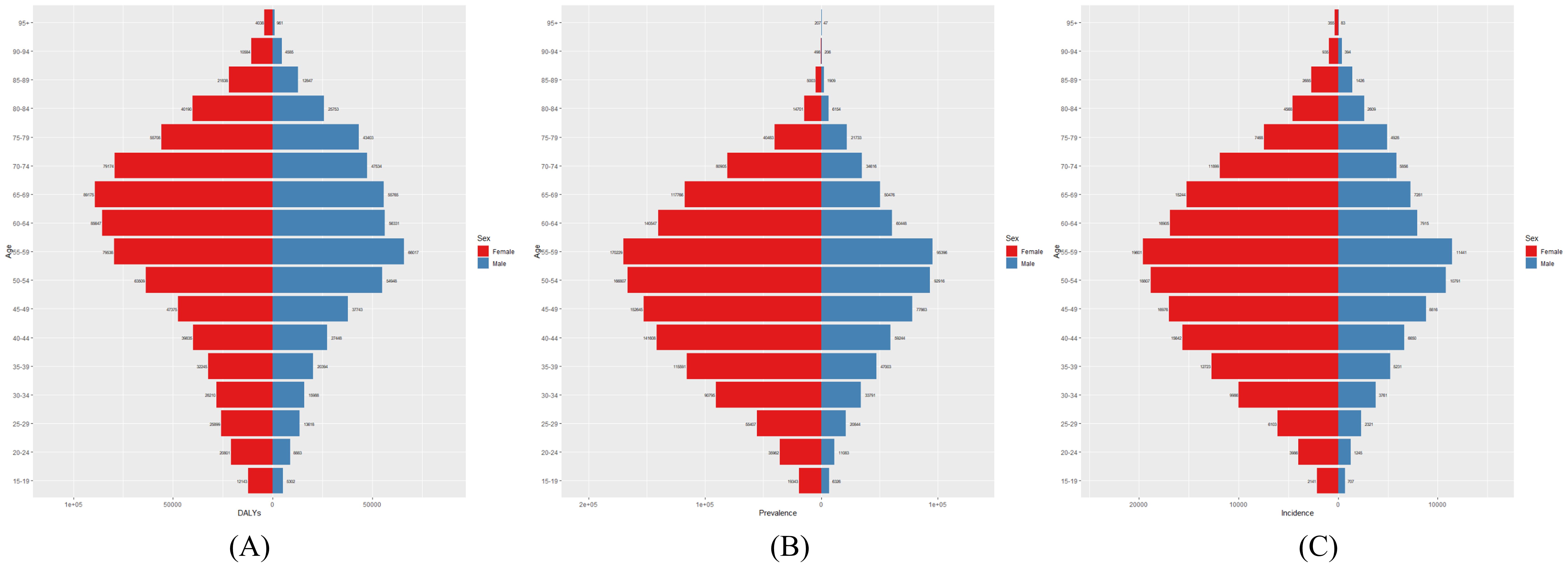Three population pyramid charts compare data by age and gender. Chart A shows Disability-Adjusted Life Years (DALYs), Chart B displays prevalence, and Chart C illustrates incidence. Each chart segments data by age groups, with males in blue on the left and females in red on the right.
