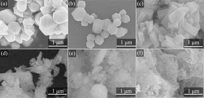 Six electron microscope images display various microstructures. Image (a) shows angular particles, while (b) presents rounded particles. Image (c) depicts layered particles, and (d) features branching structures. Image (e) shows indistinct, cloudy formations, and (f) has rough-textured surfaces. Each includes a scale of one micrometer.