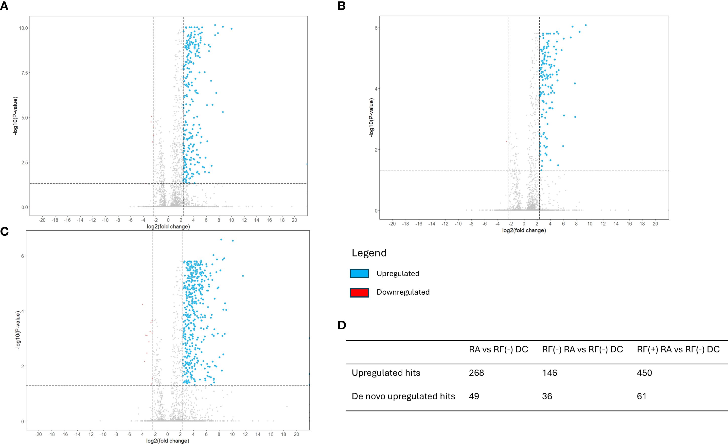 Three scatter plots labeled A, B, and C display genes' expression levels with log2(fold change) on the x-axis and -log10(p-value) on the y-axis. Each plot shows blue dots as upregulated genes and red dots as downregulated genes, with a legend for reference. Plot D is a table showing numerical data: “RA vs RF(-) DC” has 268 upregulated hits and 49 de novo upregulated hits; “RF(-) RA vs RF(-) DC” shows 146 and 36; “RF(+) RA vs RF(-) DC” displays 450 and 61.