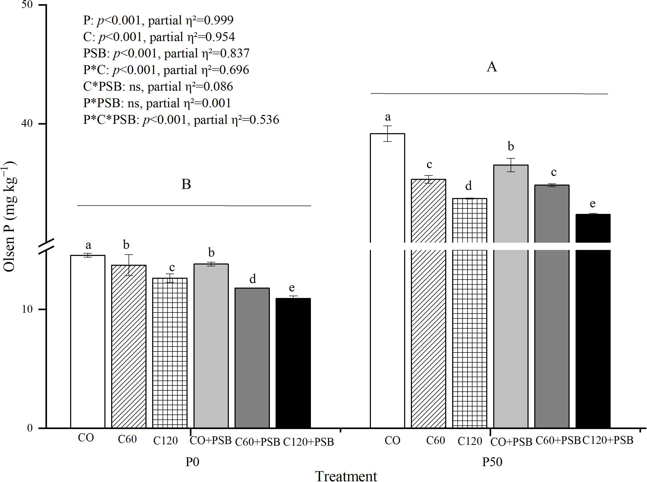 Bar graph comparing Olsen P levels (mg kg⁻¹) across different treatments under conditions P0 and P50. Treatments include CO, C60, C120, CO+PSB, C60+PSB, and C120+PSB, with annotated significance levels (a-e) above each bar. Statistical results highlight significant effects for P, C, PSB, and their interactions.