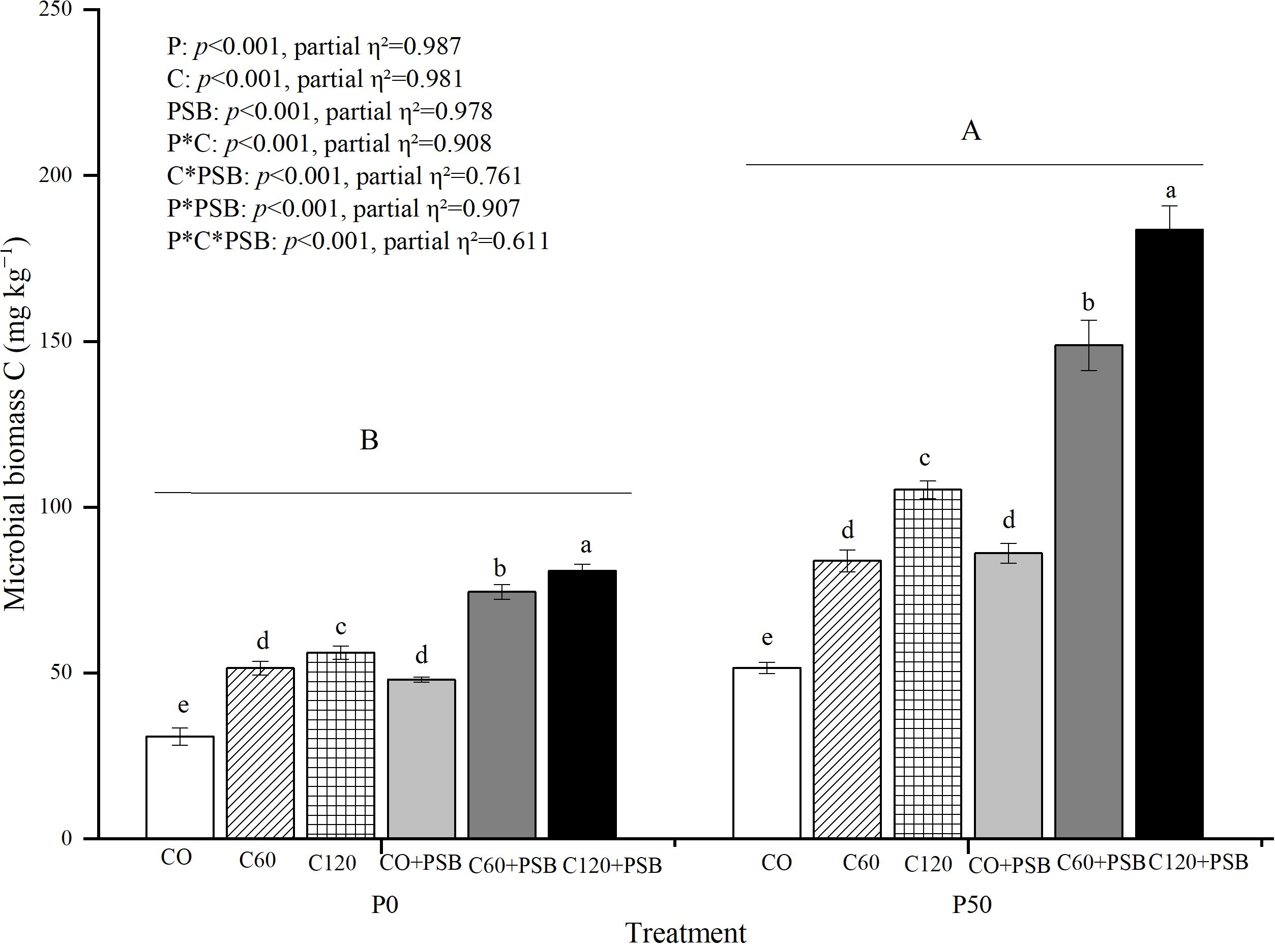 Bar chart showing microbial biomass carbon (mg kg⁻¹) for different treatments at P0 and P50. Treatments include CO, C60, C120, CO+PSB, C60+PSB, and C120+PSB. Significant differences are indicated by letters above bars, with a noted significance level (p < 0.001) for interactions. Higher biomass is observed in treatment C120+PSB at P50.