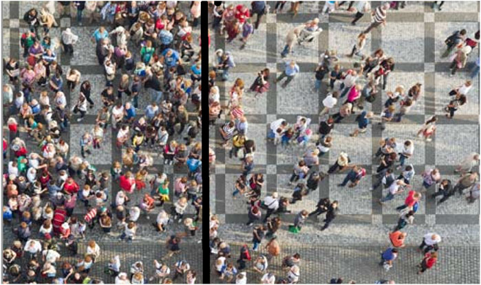 Crowd of people gathered in various patterns on a cobblestone square, viewed from above. The left side shows dense clusters, while the right side displays people more evenly spaced, walking in organized lines.