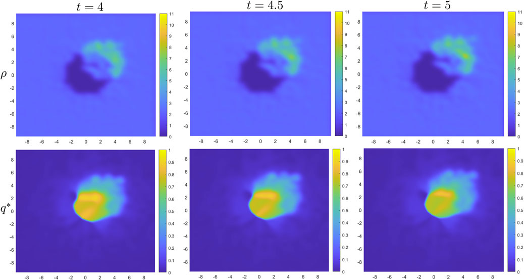 Two rows of heat maps illustrating changes over time (t = 4, t = 4.5, t = 5) for variables ρ and q*. The top row shows ρ, with darker regions indicating lower values and light green areas indicating higher values, with a scale from 1 to 11. The bottom row shows q*, with a similar color scale, ranging from 0.1 to 1. The maps capture dynamic spatial distributions as indicated by gradients and hotspots.