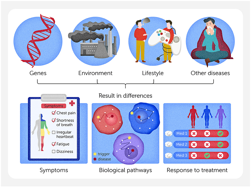 Genes, environment, lifestyle, and other diseases influence symptoms, biological pathways, and treatment responses. Illustration shows DNA, factories, a person with a paint palette, and a sick individual as factors, leading to varied symptoms, pathways, and medication responses.