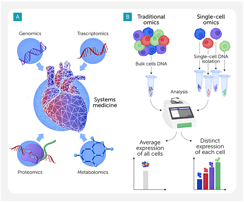 Diagram comparing systems medicine approaches. Panel A shows a heart with surrounding elements for genomics, transcriptomics, proteomics, and metabolomics. Panel B contrasts traditional omics, using bulk cell DNA for average cell expression, with single-cell omics, isolating DNA for distinct cell expression.