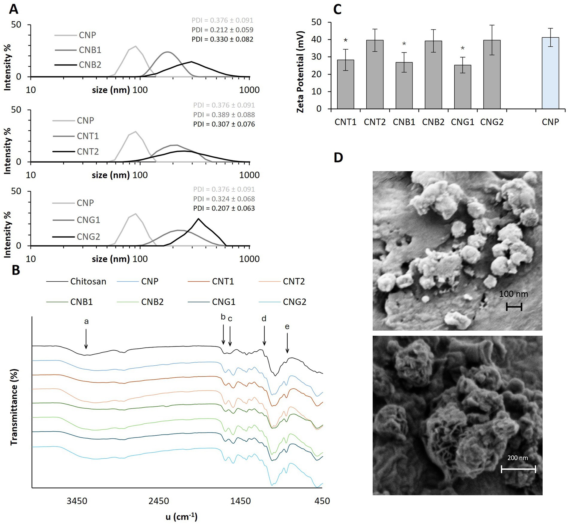 Image A shows three distribution graphs of particle size and intensity for CNP, CNB, and CNG samples. Image B displays transmittance spectra for various materials, with labeled peaks a-e. Image C is a bar graph comparing zeta potential of different samples, with CNP having the highest value. Image D contains two electron microscope images showing detailed surface morphology of particles at different scales.