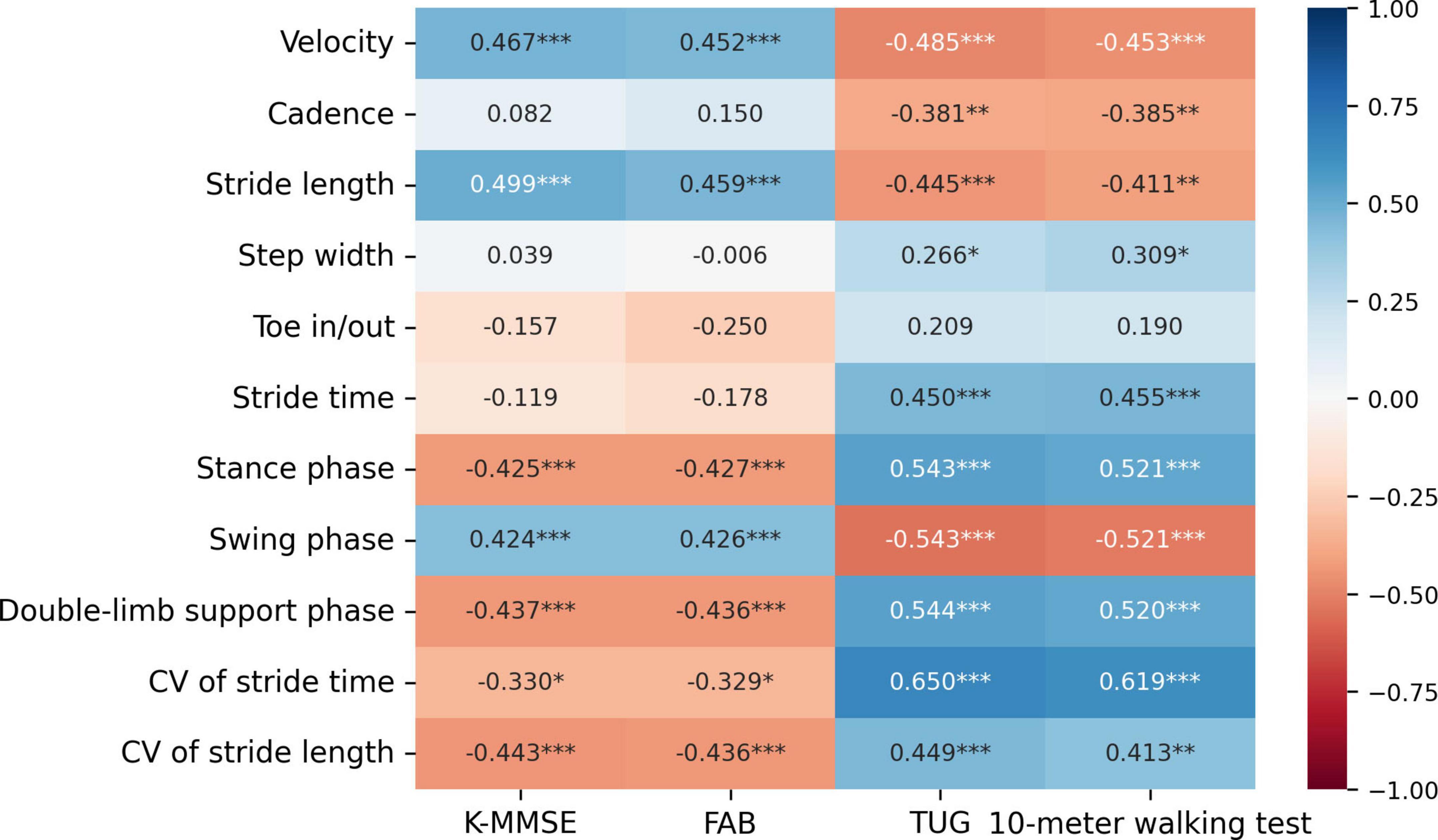 Heatmap displaying correlation coefficients between various gait parameters and tests like K-MMSE, FAB, TUG, and 10-meter walking test. Velocity, stride length, and swing phase show strong positive correlations with K-MMSE. Double-limb support phase and stride time show strong negative correlations with TUG. The color gradient indicates correlation strength, with blue representing positive correlations and red indicating negative correlations. Statistical significance is denoted by asterisks.