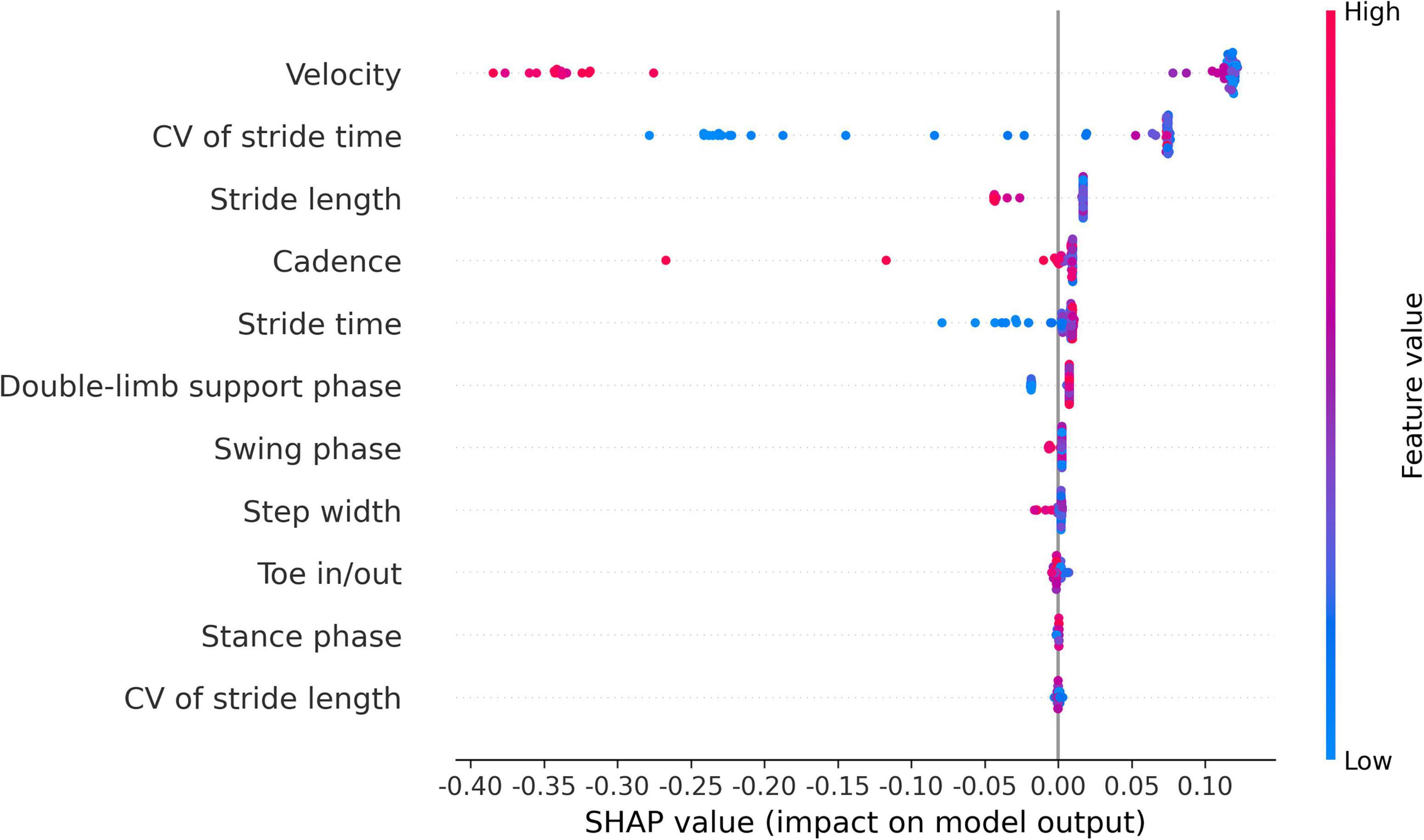 Dot plot illustrating SHAP values indicating feature impact on model output for various gait parameters. Features include velocity, stride time, and others, with points colored by feature value from low (blue) to high (pink). The plot shows varying impacts on the horizontal axis, highlighting the influence of each parameter.