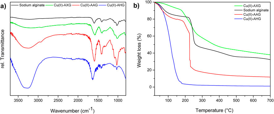 Two graphs are shown: (a) depicts FTIR spectra with relative transmittance on the y-axis and wavenumber on the x-axis for sodium alginate, Cu(II)-AXG, Cu(II)-AAG, and Cu(II)-AHG. (b) displays thermogravimetric analysis with weight loss percentage on the y-axis and temperature in degrees Celsius on the x-axis for the same substances. Each substance is represented by a different colored line.