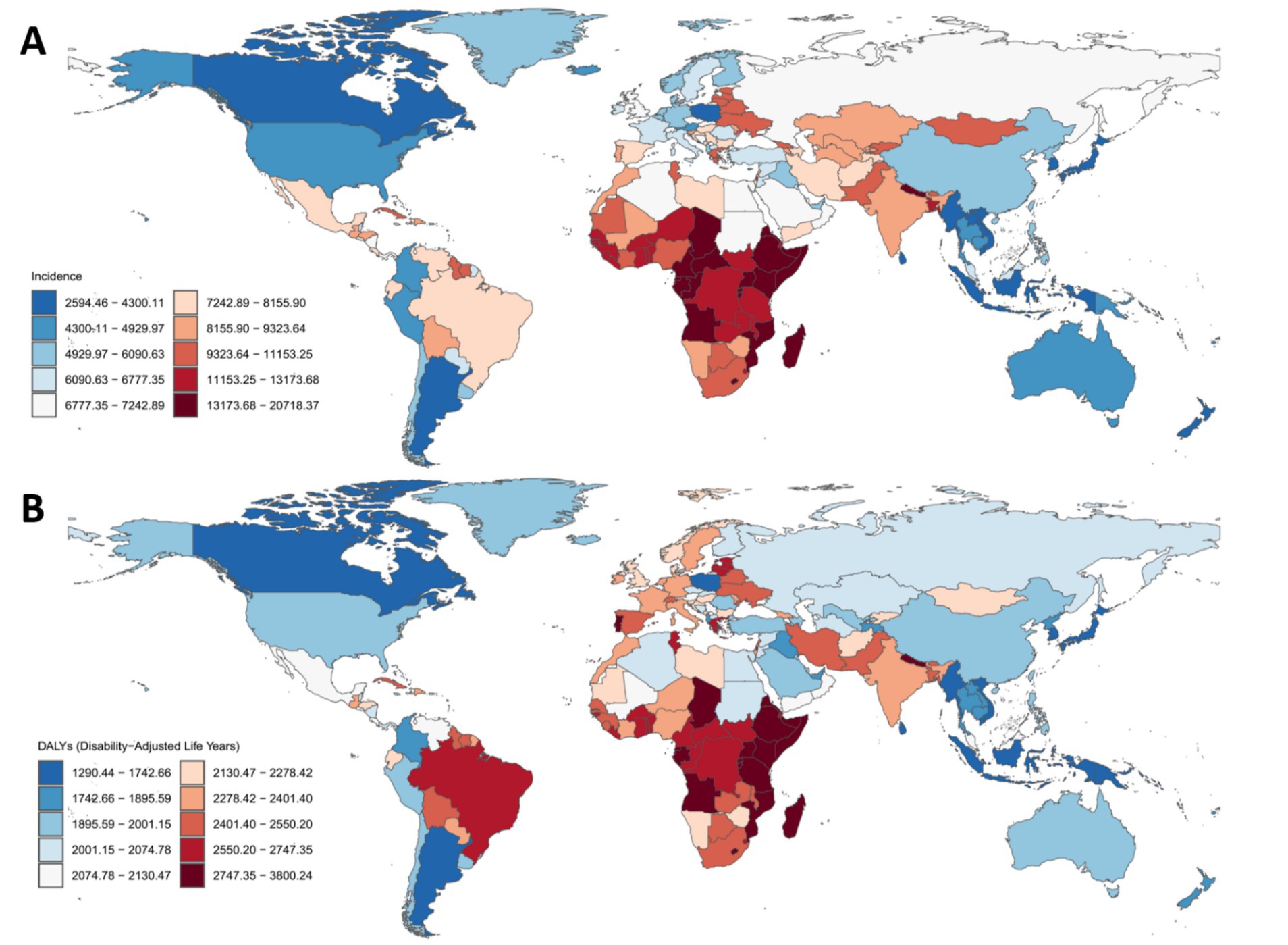 Two world maps compare health metrics. Map A shows disease incidence with blues indicating lower rates in areas like North America and Australia, and reds for higher rates in central Africa. Map B displays Disability-Adjusted Life Years (DALYs) with a similar color scheme, showing lower DALYs in North America and higher in central Africa. Both maps use color gradients to represent data range.