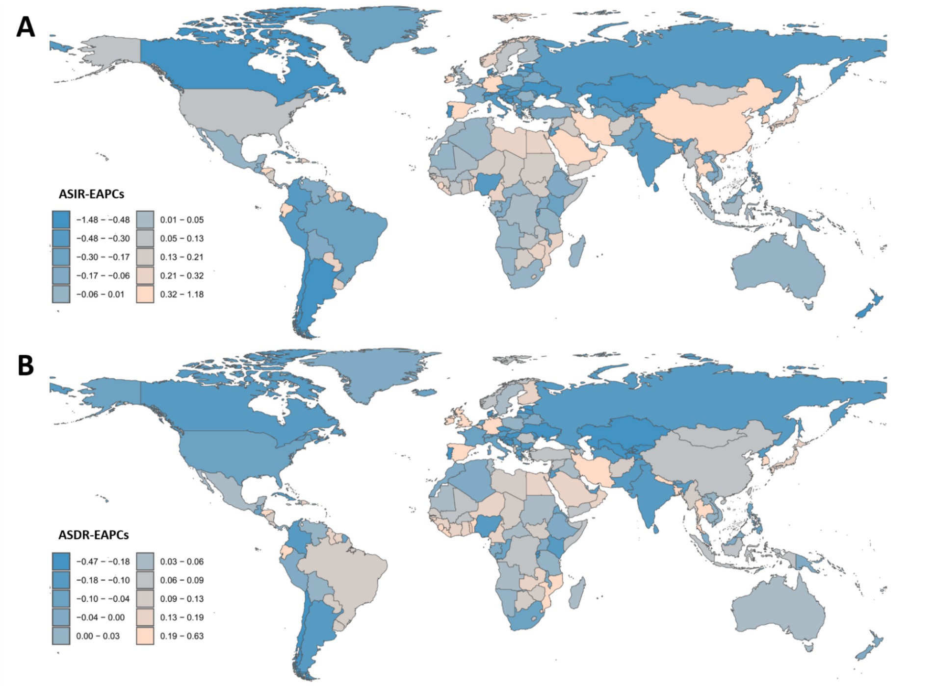 Two world maps labeled A and B display country-specific color-coded data. Map A shows ASIR-EAPCs, with shades from dark blue to light pink, indicating a range from -1.48 to 1.18. Map B presents ASDR-EAPCs, also using varying shades to represent values from -0.47 to 0.63. Each map has a legend explaining the color scales.