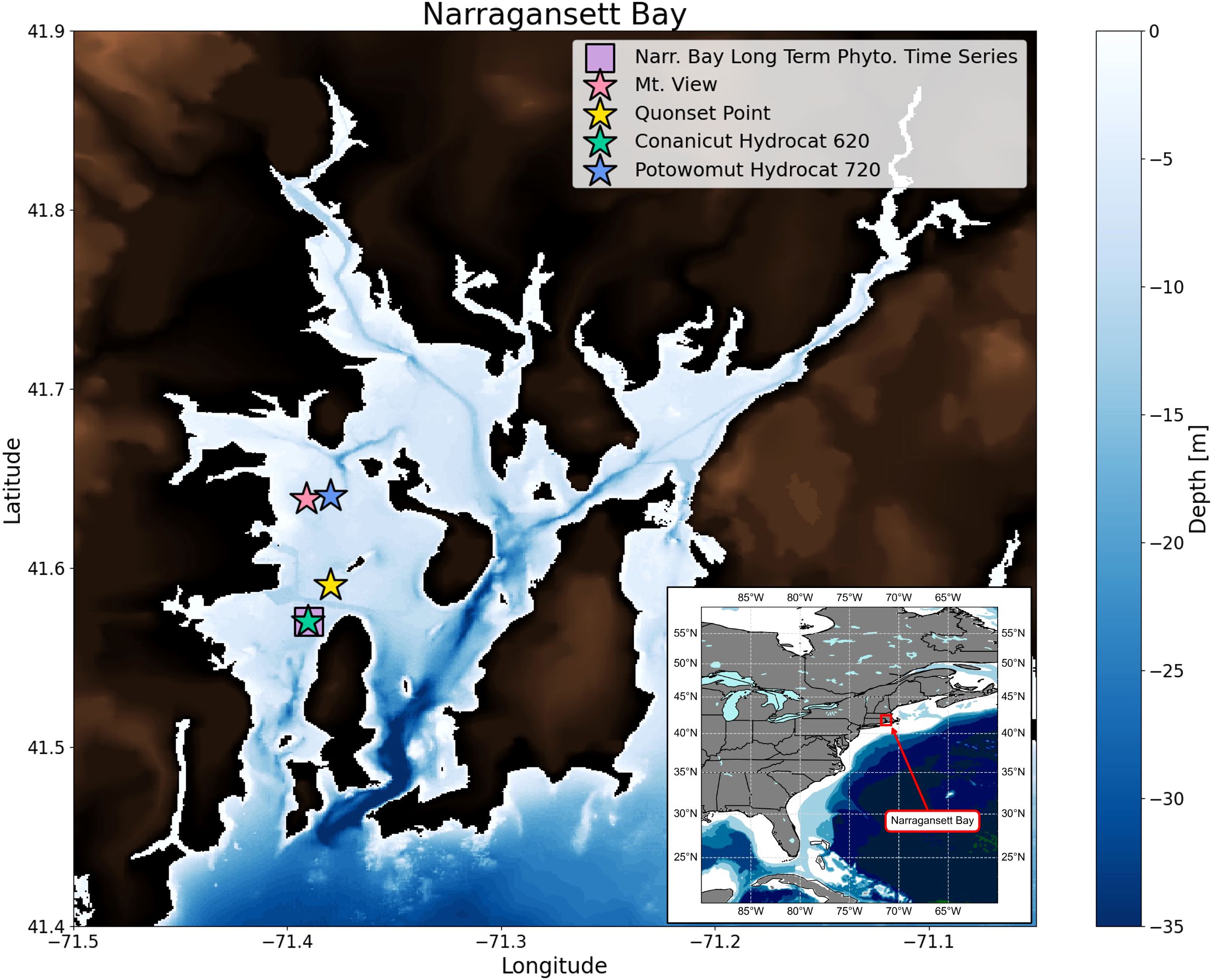 Map of Narragansett Bay showing depth variations, indicated by a color gradient from light to dark blue. Key locations are marked with stars: Mount View (red star), Quonset Point (orange star), Conanicut Hydrocat 620 (green star), Potowomut Hydrocat 720 (blue star), and Narragansett Bay Long Term Phyto. Time Series (purple star). An inset map shows the bay's location on the U.S. East Coast.