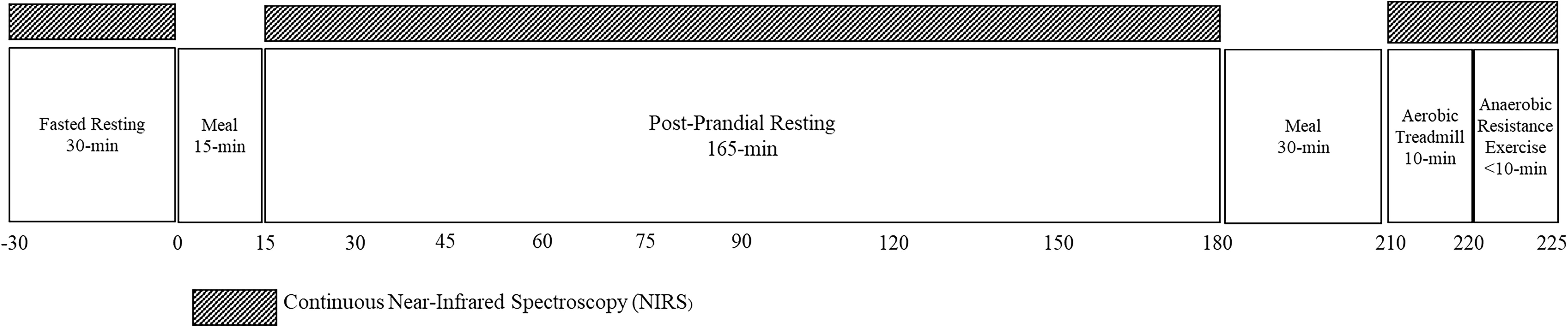 Timeline diagram illustrating periods of activity and rest, marked for near-infrared spectroscopy (NIRS). It includes fasted resting for 30 minutes, meal for 15 minutes, post-prandial resting for 165 minutes, another meal for 30 minutes, aerobic treadmill exercise for 10 minutes, and anaerobic resistance exercise for less than 10 minutes. The continuous application of NIRS spans the entire timeframe.