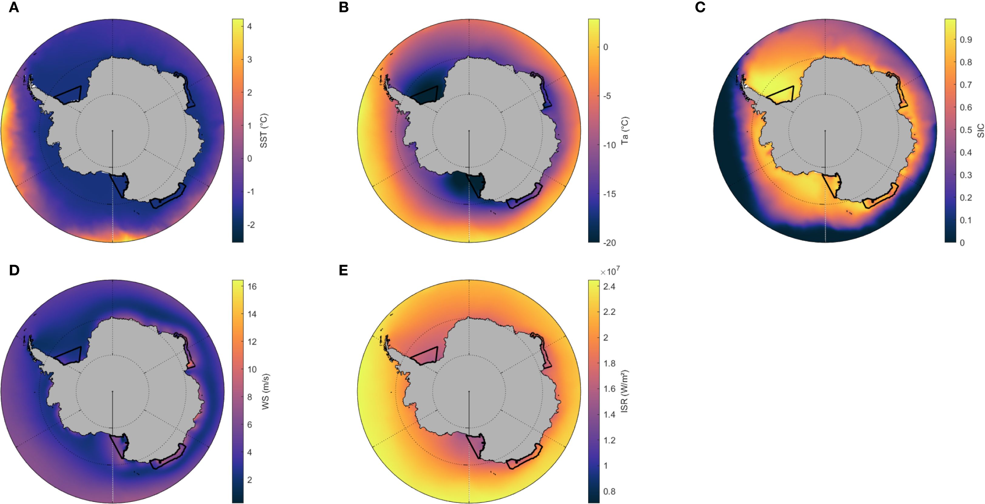 Five circular maps display Antarctic data. Map A shows sea surface temperature, B air temperature, C sea ice concentration, D wind speed, and E incoming solar radiation. Each map uses a color gradient indicating different data values across the region.