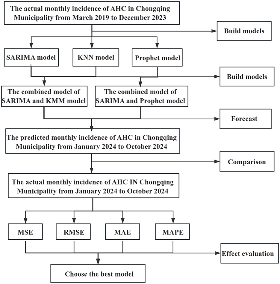 Flowchart depicting the process of predicting and evaluating the monthly incidence of AHC in Chongqing Municipality. It starts with actual data from March 2019 to December 2023, leading to model building with SARIMA, KNN, and Prophet models. Combined models are created, followed by forecasting from January to October 2024. Predicted results are compared with actual data using MSE, RMSE, MAE, and MAPE for effect evaluation. The best model is chosen based on these evaluations.