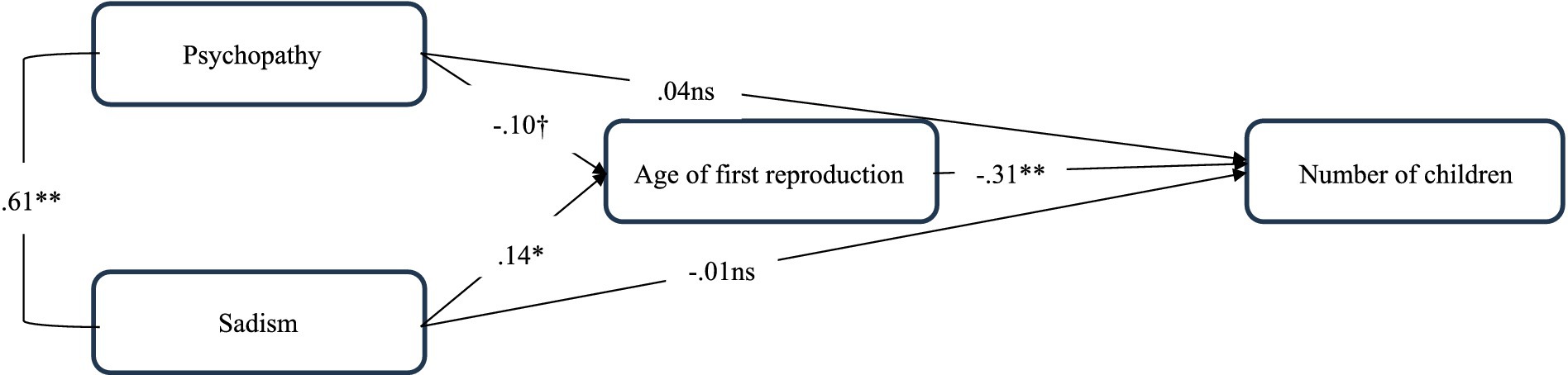 Diagram illustrating path analysis among psychopathy, sadism, age of first reproduction, and number of children. Psychopathy has a correlation of -0.10 with age of first reproduction and 0.04 and with number of children, and sadism correlated 0.14 with age of first reproduction and -0.01 with the number of children. There is a -0.31 correlation between the age of first reproduction to the number of children. Psychopathy and sadism have a correlation of 0.61. Significance levels are indicated by **, *, and †.